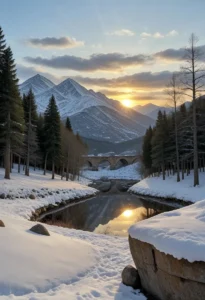 Snow-covered landscape with mountains, trees, and a sunset reflecting on water.