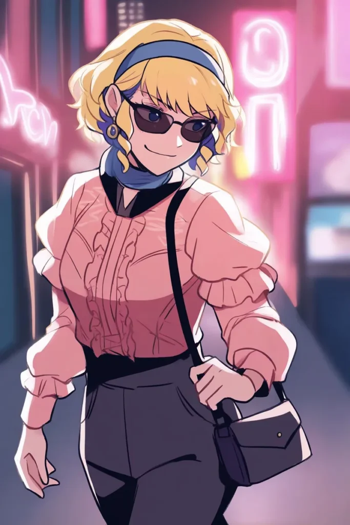 Stylish girl with multicolored hair and sunglasses walking in a neon-lit city at night, wearing a pink blouse and black pants.