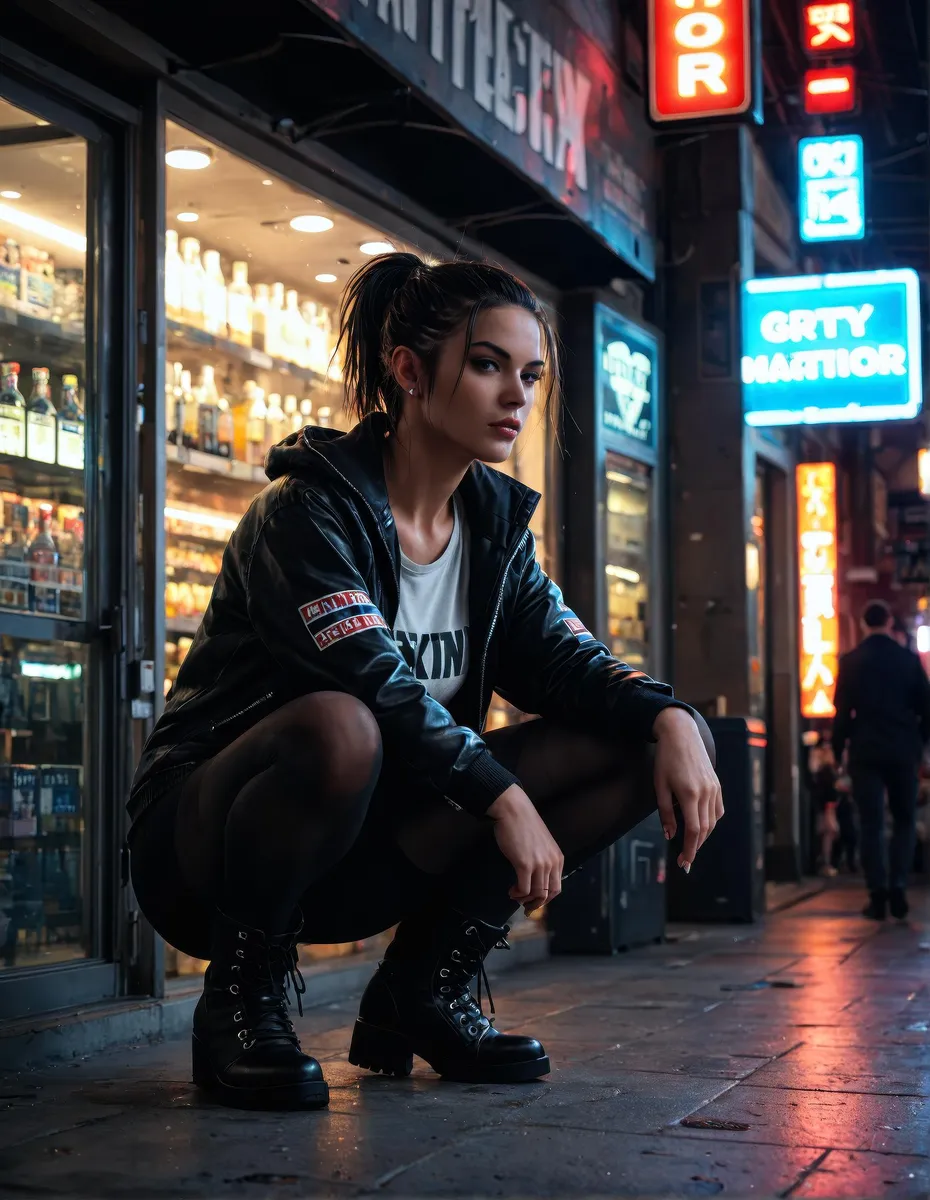 Female hacker in punk clothing squatting on a neon-lit street with dramatic lighting and rich textures.