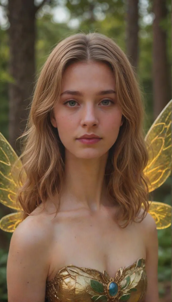 A fire fairy with copper bob hair in reflective armor, silver eyes, and large, glowing wings in an enchanted forest.