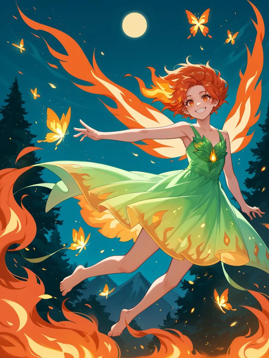 Flame fairy flying with fiery wings and fireflies under a yellow moon.