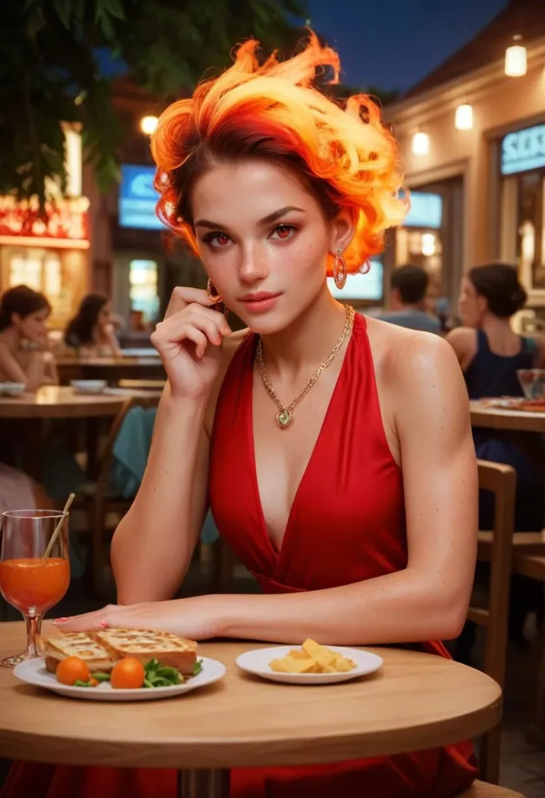 Woman with flaming hair in a red dress at a public event, sitting at a table with food, wearing a necklace and earrings.