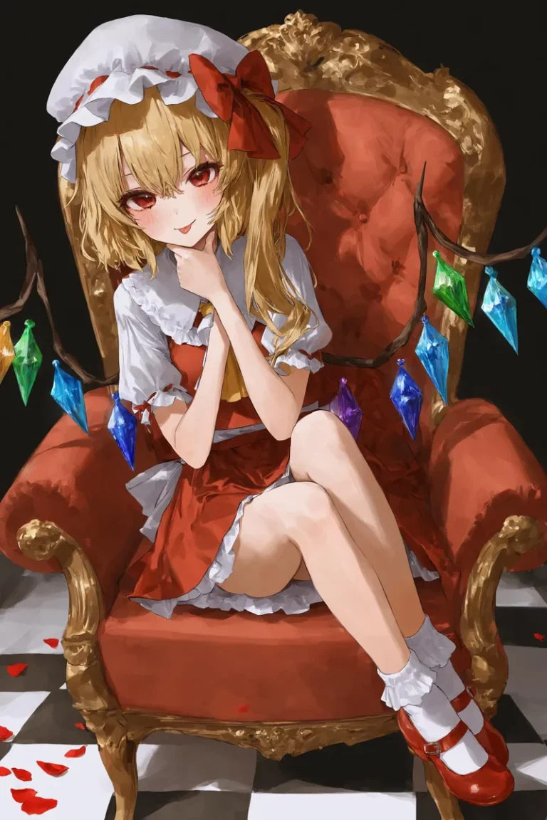 Flandre Scarlet sitting on an ornate armchair, wearing a red dress and white mob cap, with colorful crystal wings, in an impressionist style.