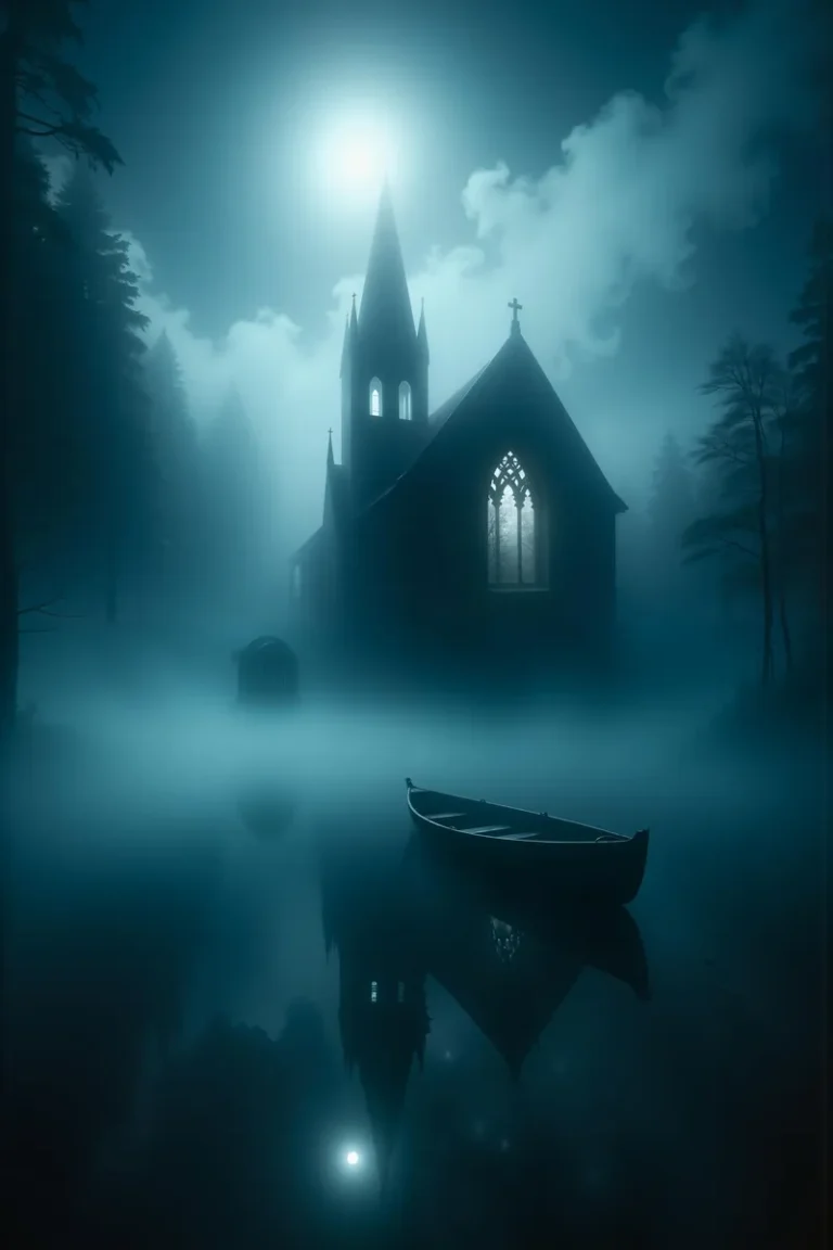 Ethereal scene of a fog-covered lake with a submerged church, illuminated by moonlight.