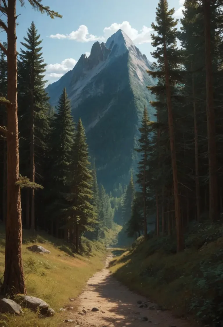 A forest path leading towards a towering mountain under a clear sky, surrounded by trees with intricate shadows and fine details.