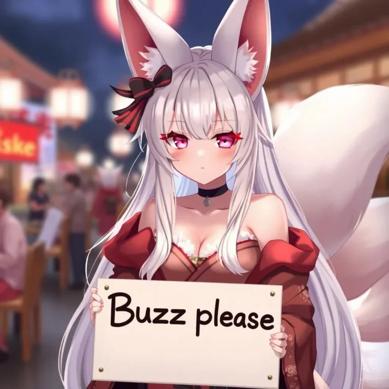 Fox girl with long white hair, animal ears, and multiple tails wearing a kimono and holding a sign that says 'Buzz please'.