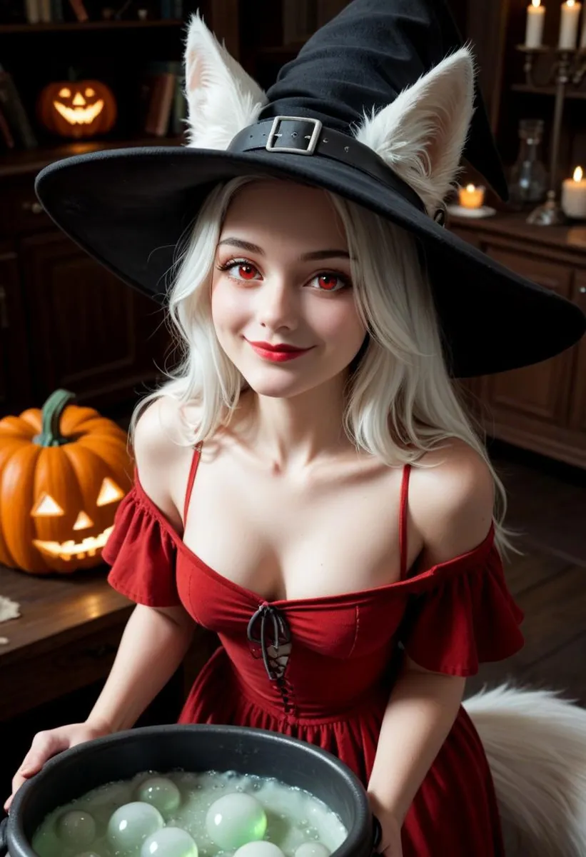 A fox girl witch with white hair, red eyes, wearing a red witch dress and black hat, brewing a potion with a pumpkin and candles nearby.