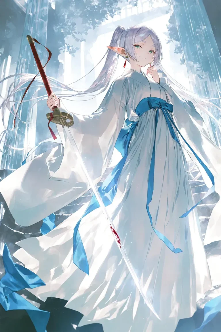 Frieren wearing a hanfu, holding a shiny sword with a dragon background.