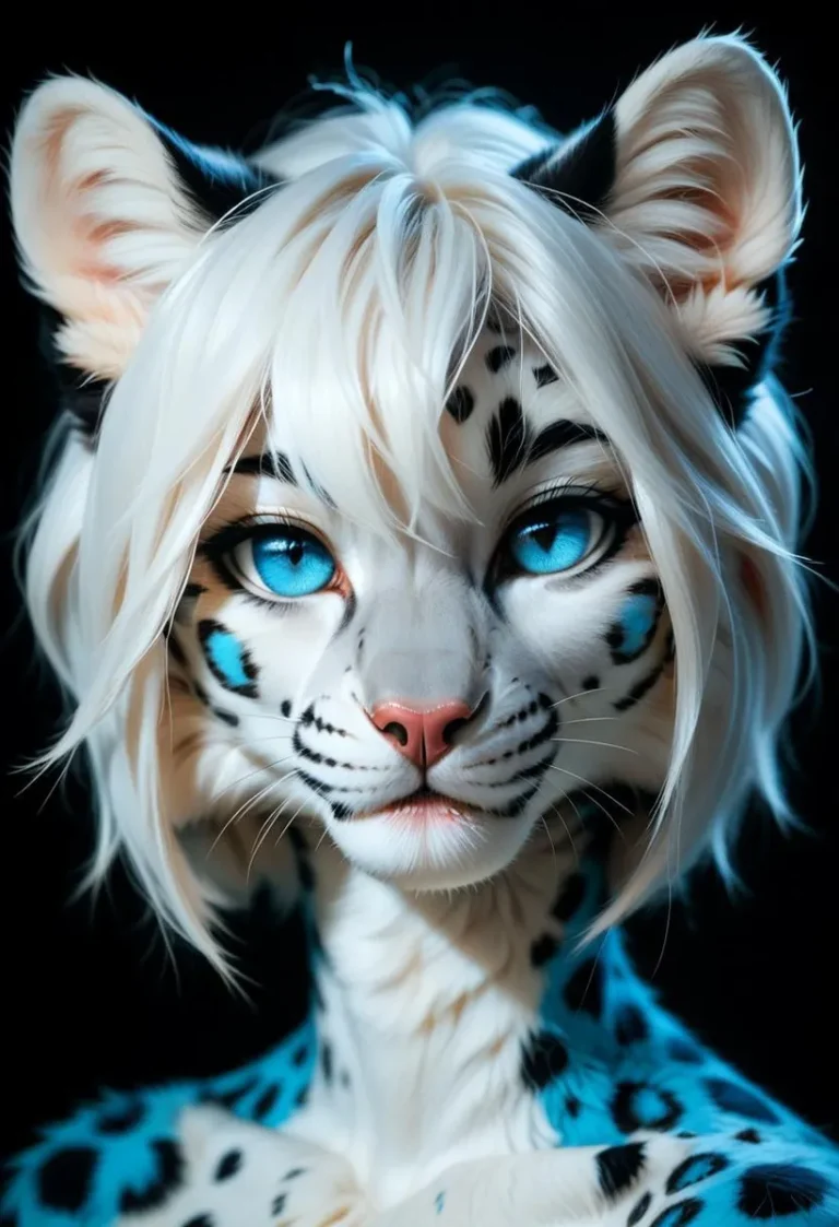 Digital portrait of a furry character with blue eyes and white fur.