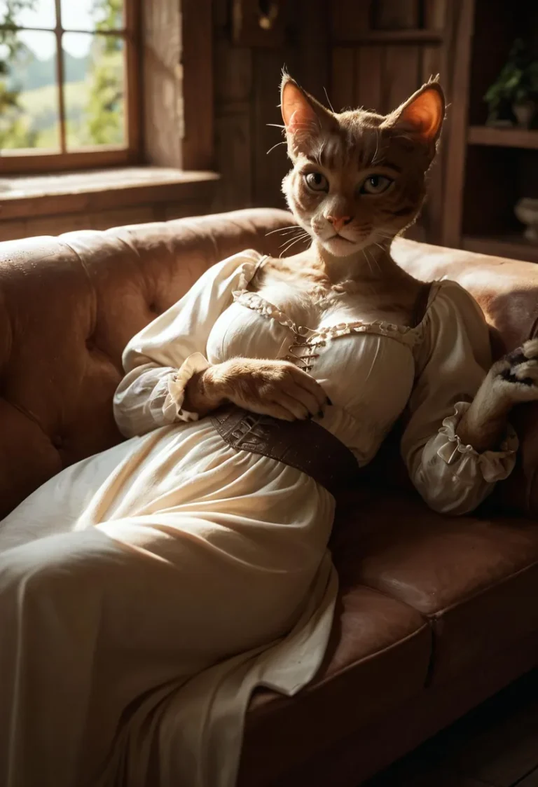 A furry hybrid cat lounging on a sofa in a tree house with medieval fantasy elements, wearing a dress under low light.