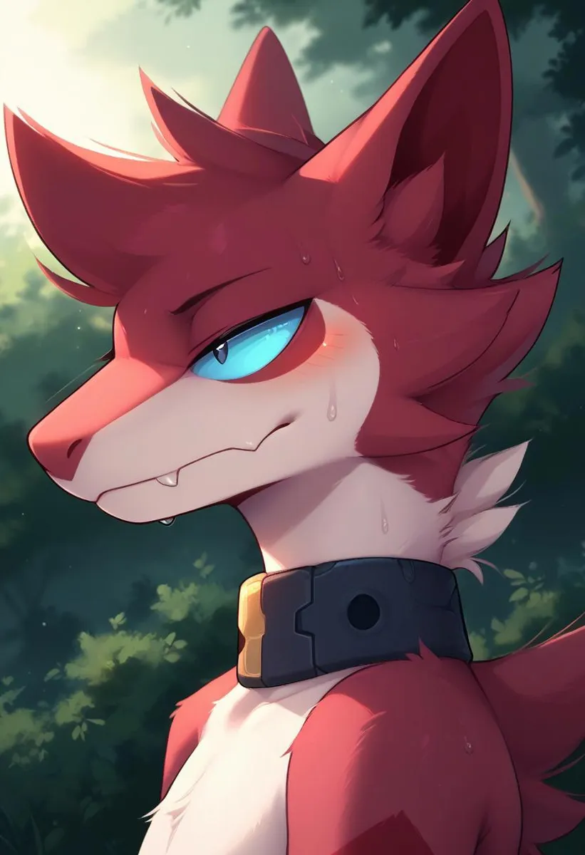 Anthro furry character with red fur and blue eyes in an outdoor setting, featuring a black collar and emotional expression.