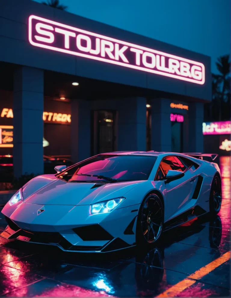 Isometric macro photo of a futuristic Lamborghini supercar on a reflective black floor with neon and synthwave aesthetic.