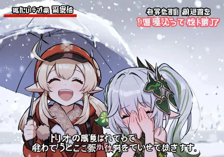 Anime illustration of Nahida and Klee from Genshin Impact, in snowy weather, holding an umbrella and a microphone with a playful expression.