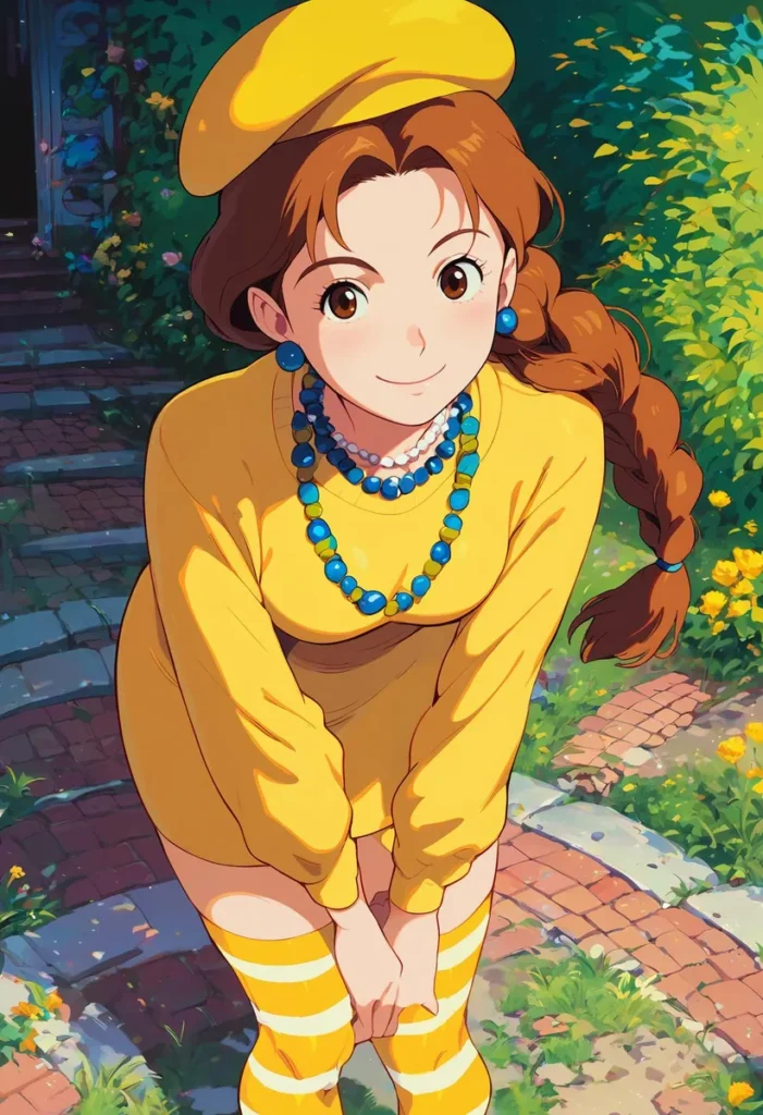 Anime girl with brown hair and hazel eyes in a yellow sweater dress, with a yellow beret and striped thigh-highs.