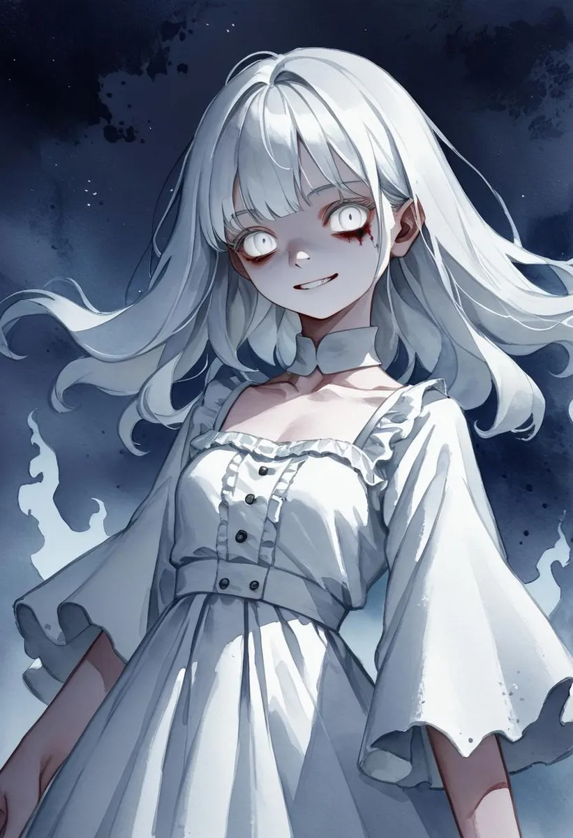 A ghost girl with white hair and eyes, dressed in a ghostly white dress, grinning eerily against a sinister night sky.