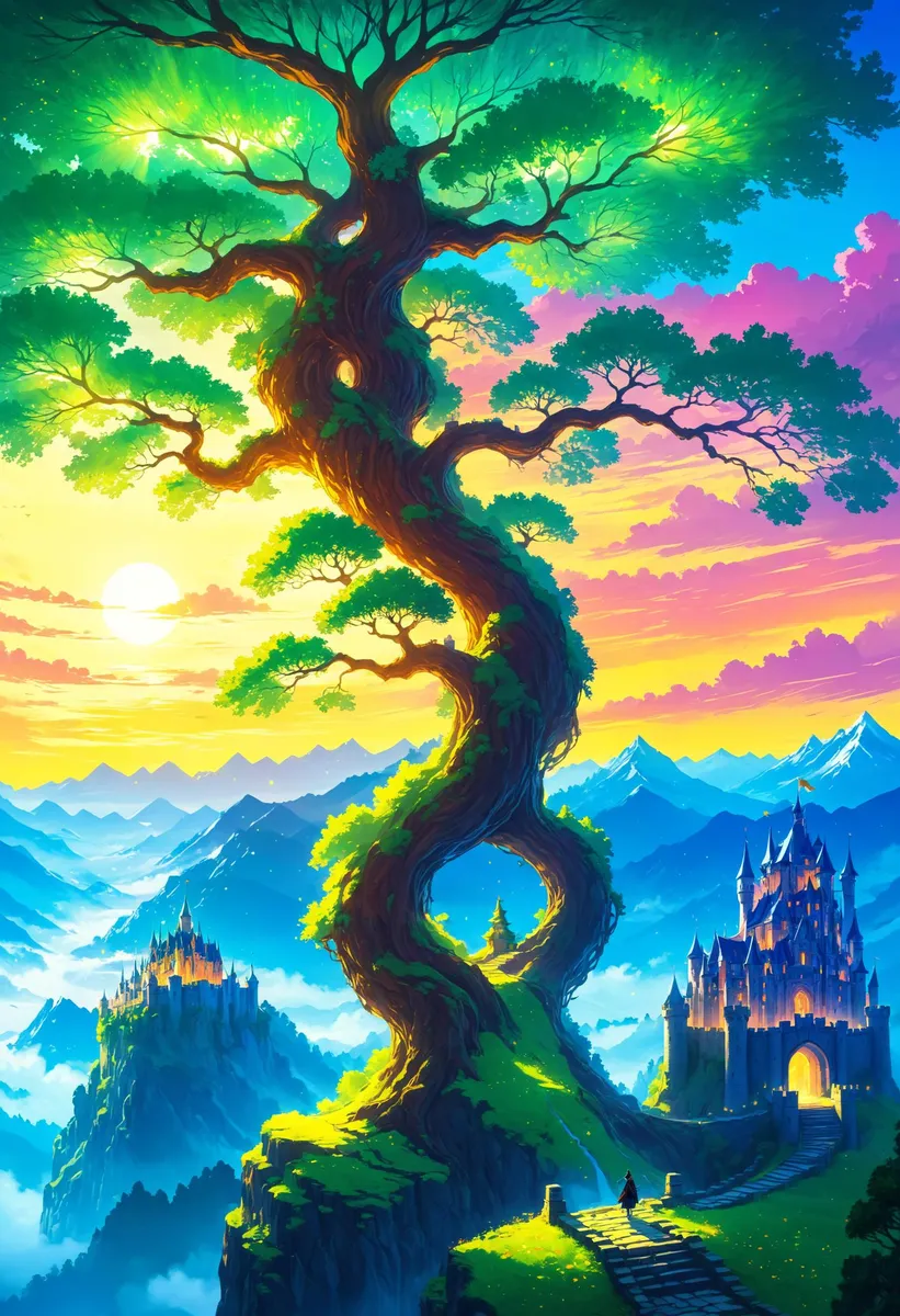 Giant tree with a majestic castle on its branch, set in an epic, glowing fantasy landscape in Dreamyvibes Artstyle.