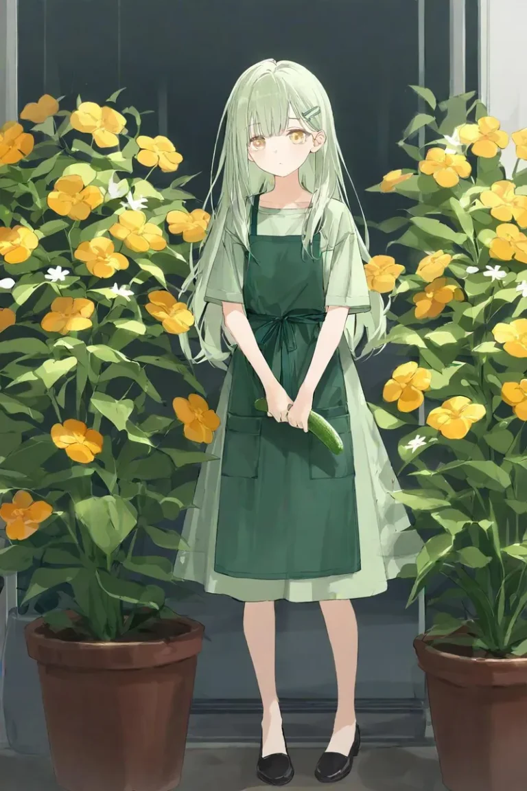 Anime-style girl with green hair and yellow eyes in a flower garden holding a cucumber, wearing a green apron.