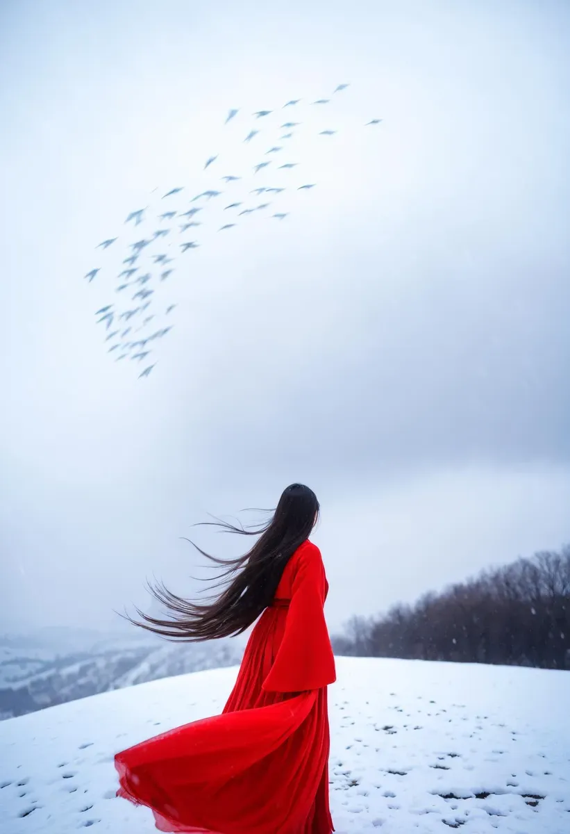 赤い漢服を着た女の子が雪景色の中に立ち、灰色の空の下で風に吹かれる彼女の長い髪と飛んでいる鳥たち。