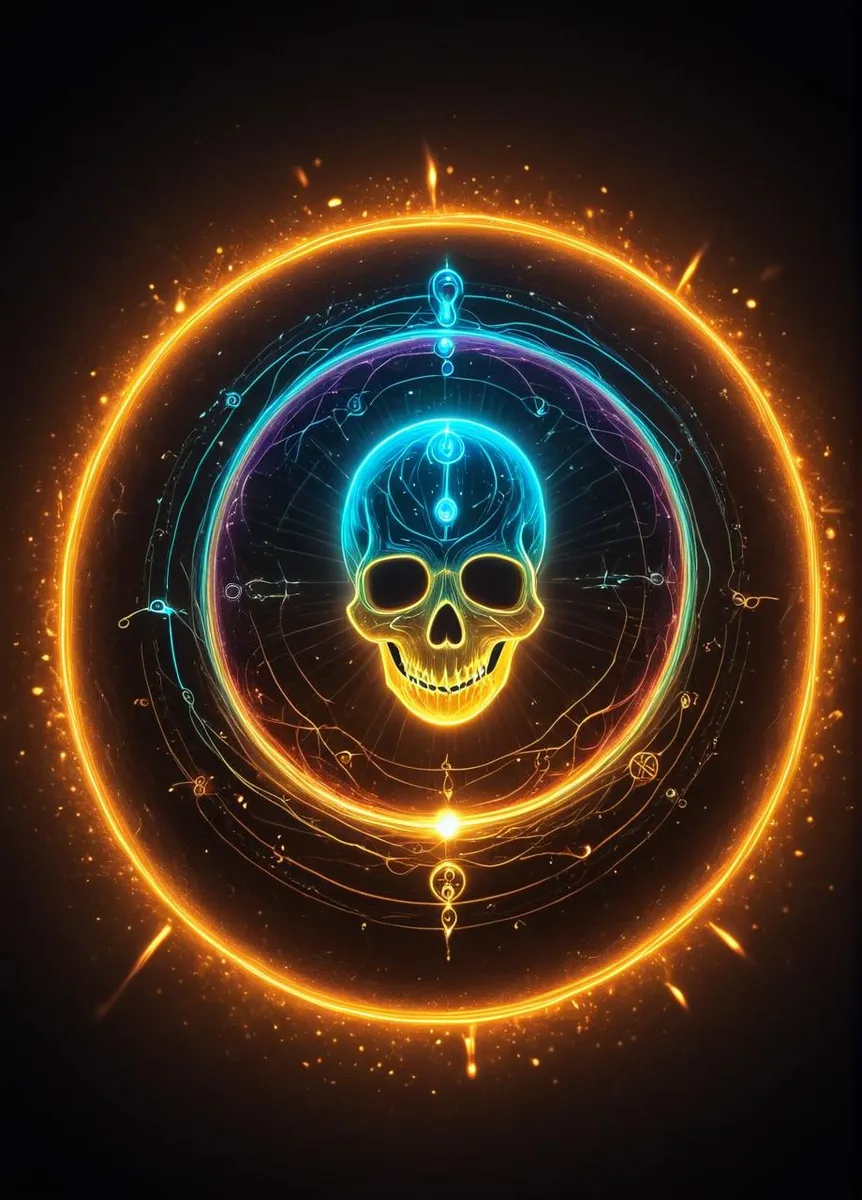 Isometric image of a glowing skull within a vibrant witch's spell circle surrounded by intricate patterns and vibrant colors.