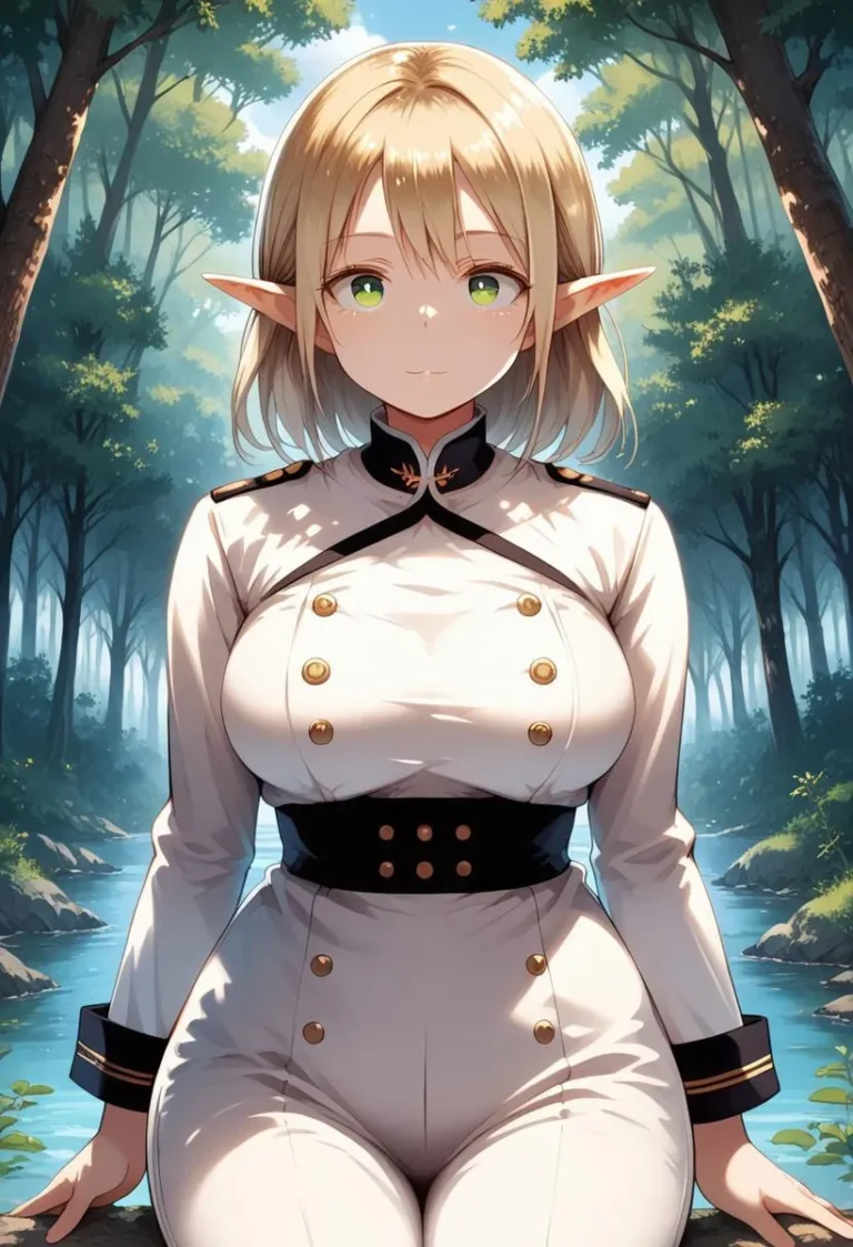 Gorgeous blonde elf with green eyes in a white uniform, set against a detailed forest background, looking at the viewer.