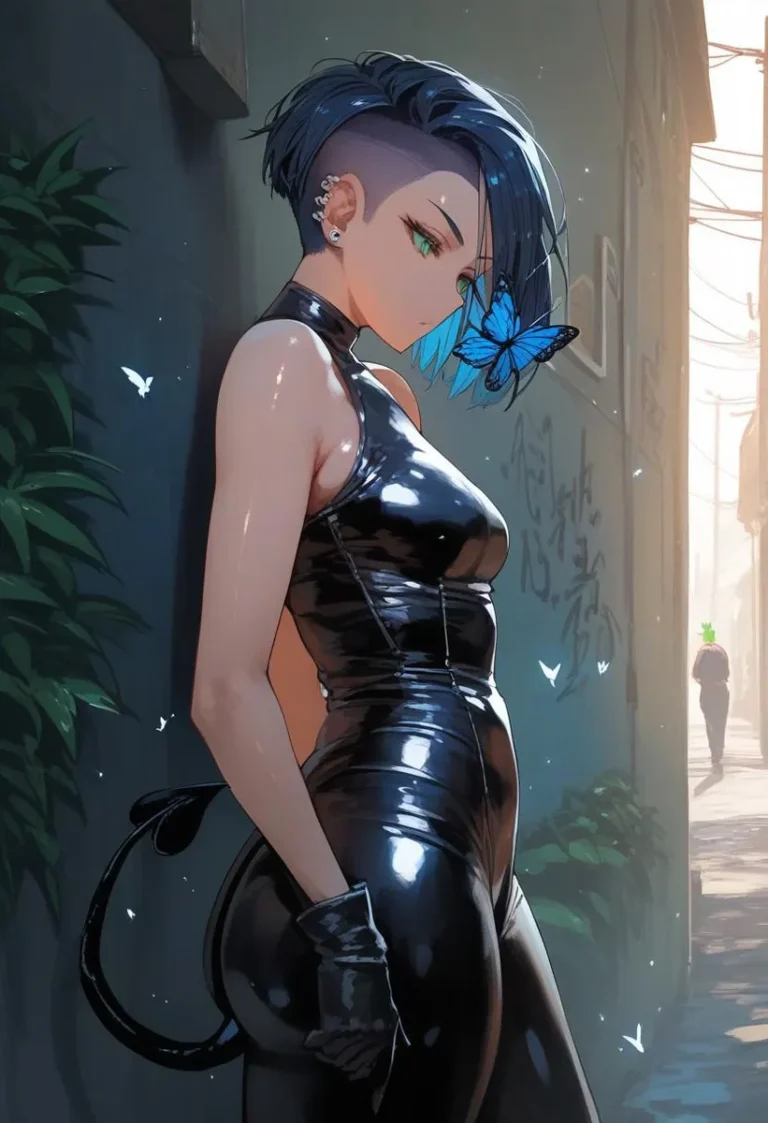 Anime-style goth succubus with green eyes in latex bodysuit, featuring dark blue hair in an alley with butterflies.