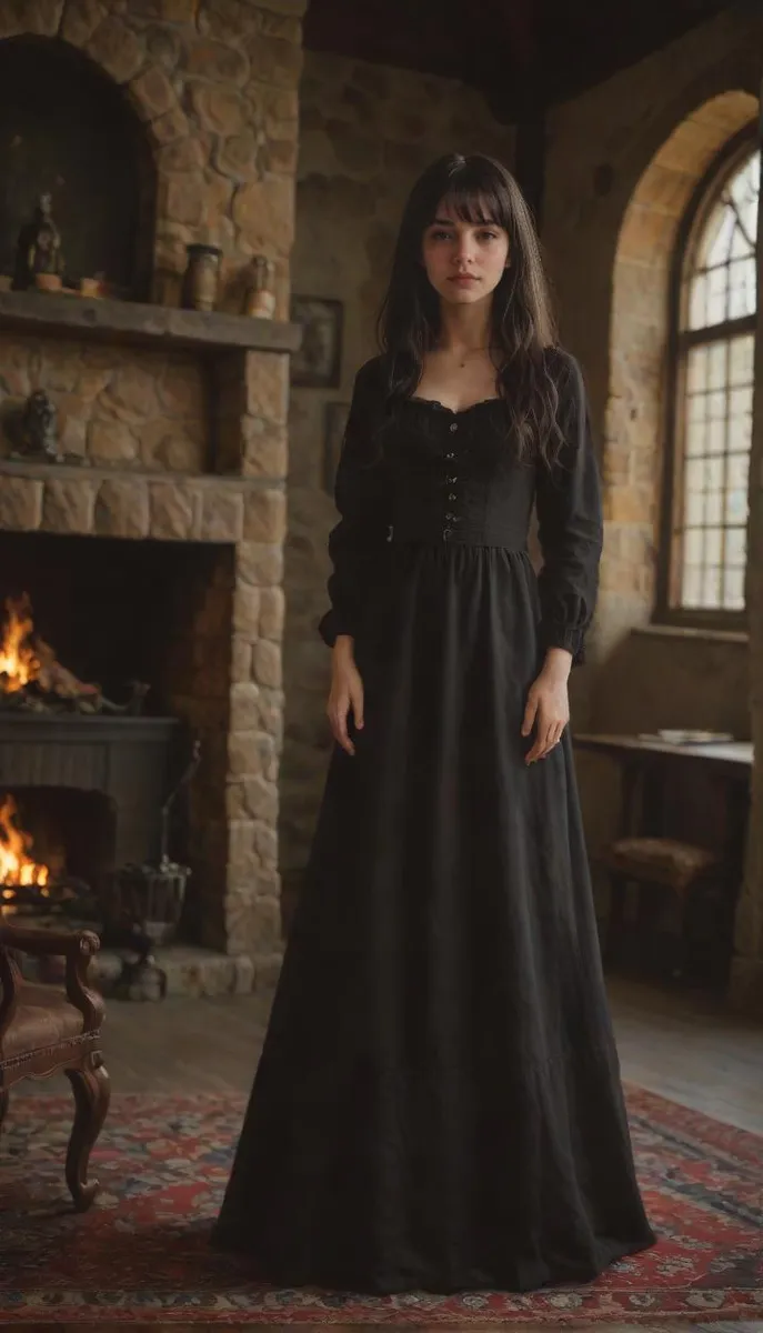 Gothic girl in a black dress with a medieval theme and a fireplace background, featuring pale skin and long black hair.