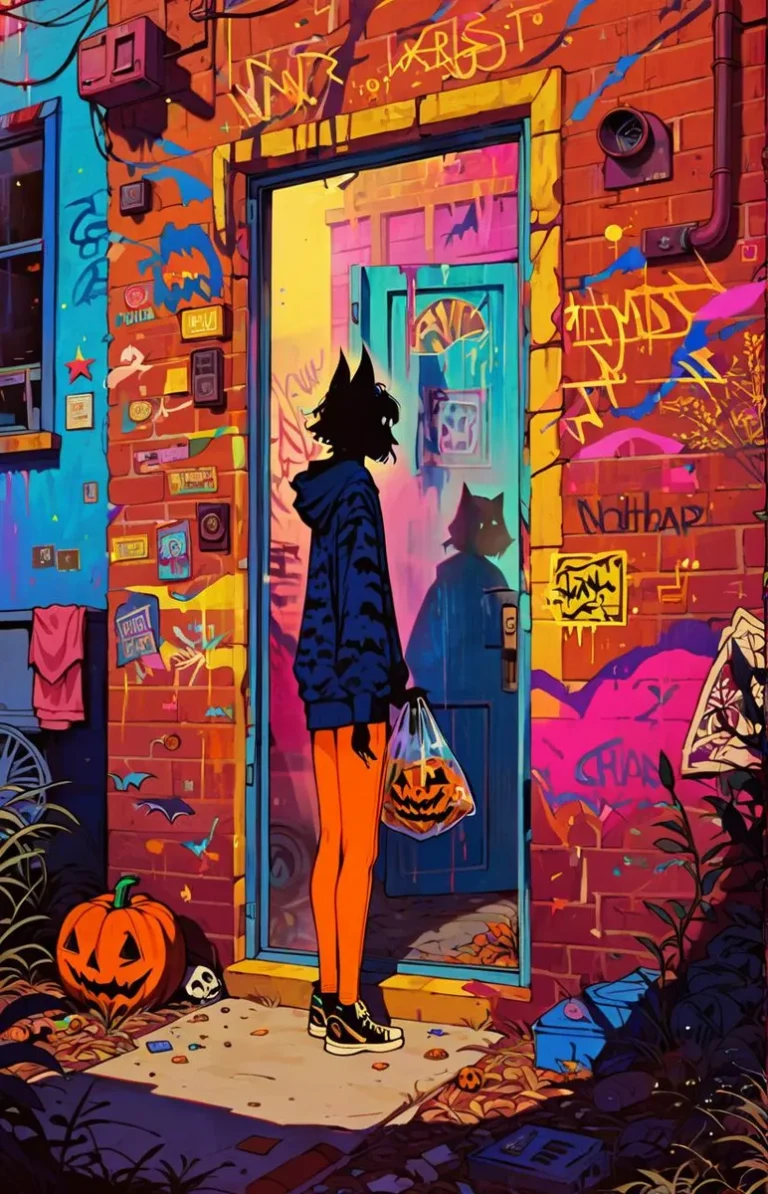 Street scene with a girl in a dark hoodie, holding a candy bag, standing by a colorful graffiti wall with pumpkins and bats.