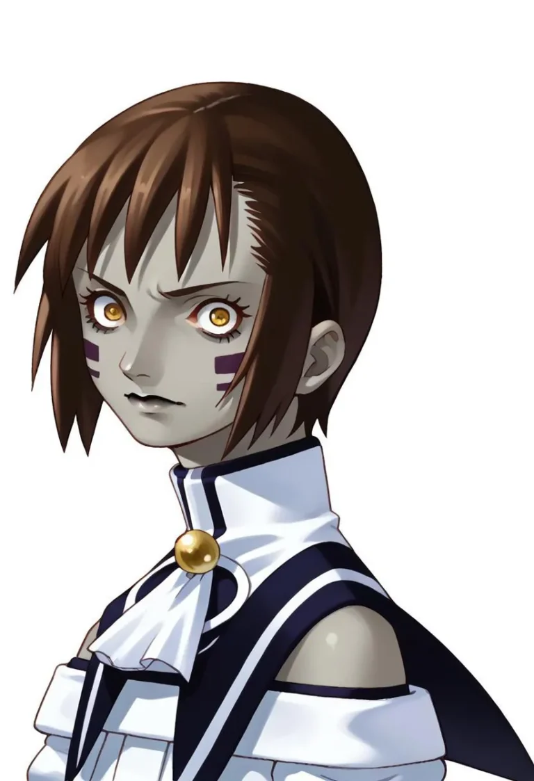 Anime character with gray skin, brown hair, yellow eyes, and detailed attire on a white background.