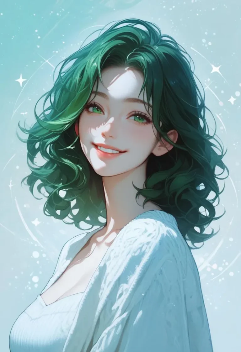 Illustration of a girl with wavy dark green hair, green eyes, and a shy smile against a starry abstract background.