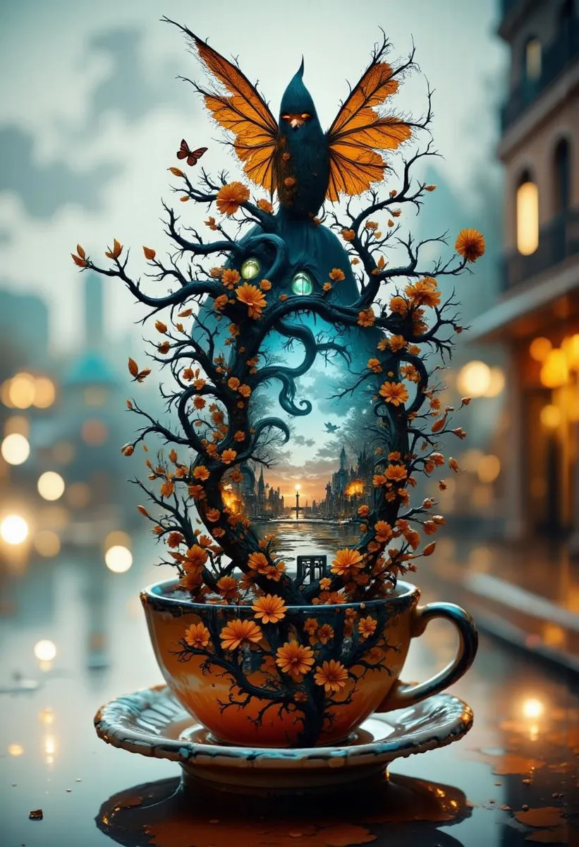 Double exposure of a surreal Halloween scene blending into a coffee cup.