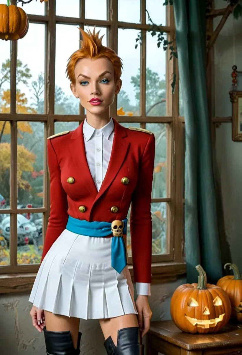 Woman in red jacket and white skirt amidst Halloween decor with a sunset view and autumn trees.