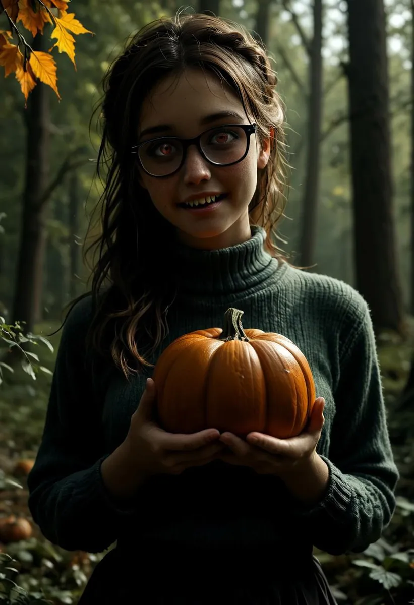 Young woman in glasses with fangs holding a glowing pumpkin in an autumn forest.