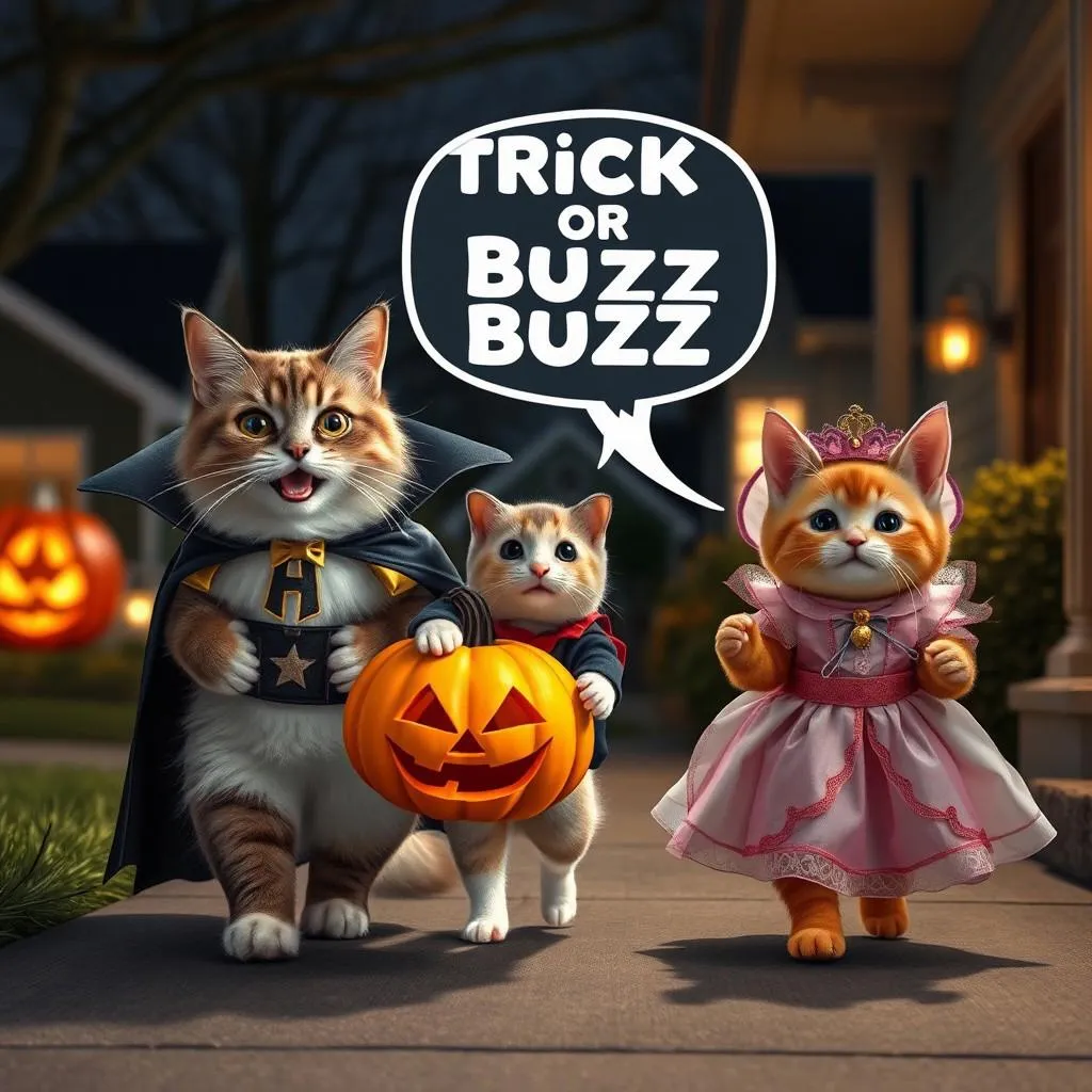 Cats and hamster in costumes trick-or-treating on suburban street.