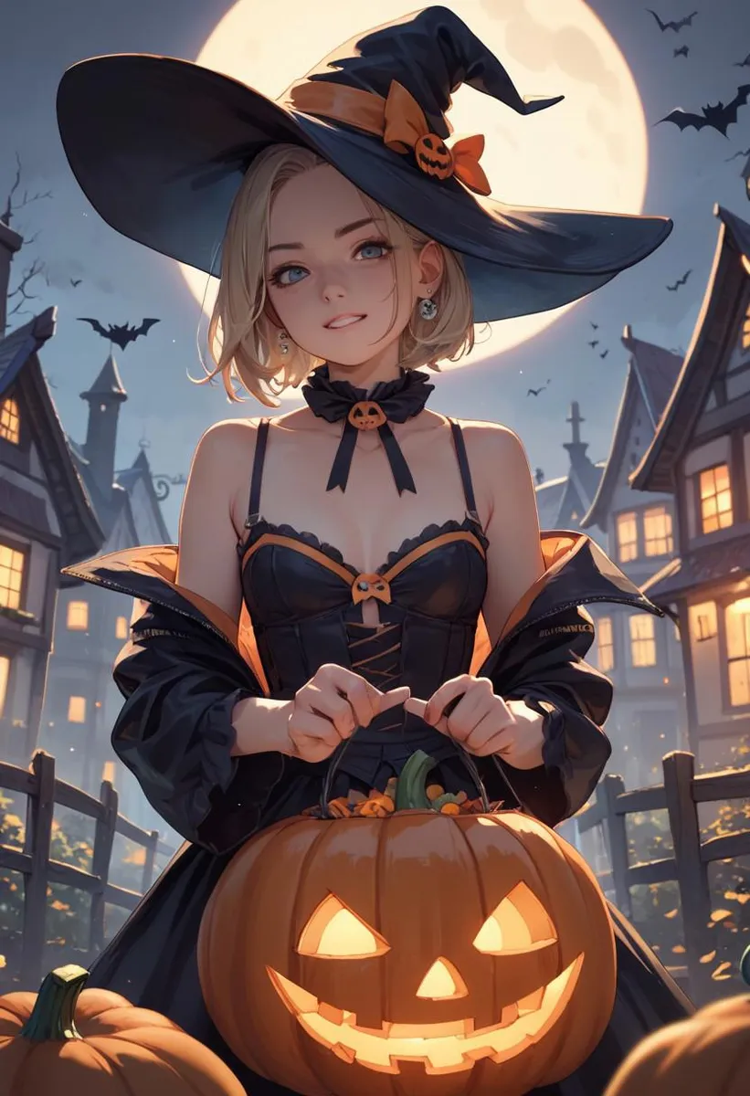 Halloween witch in a village with a pumpkin lantern under a full moon.