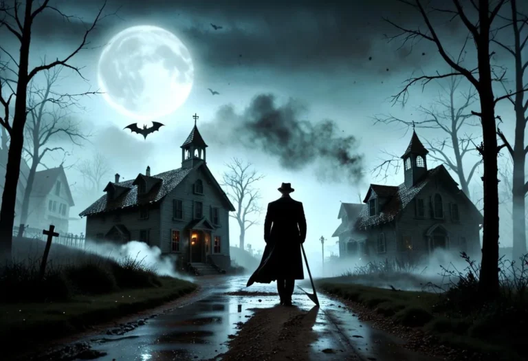 A haunted village under a full moon with bats flying, featuring a tall figure with a scythe on a horse, amidst an eerie atmosphere.