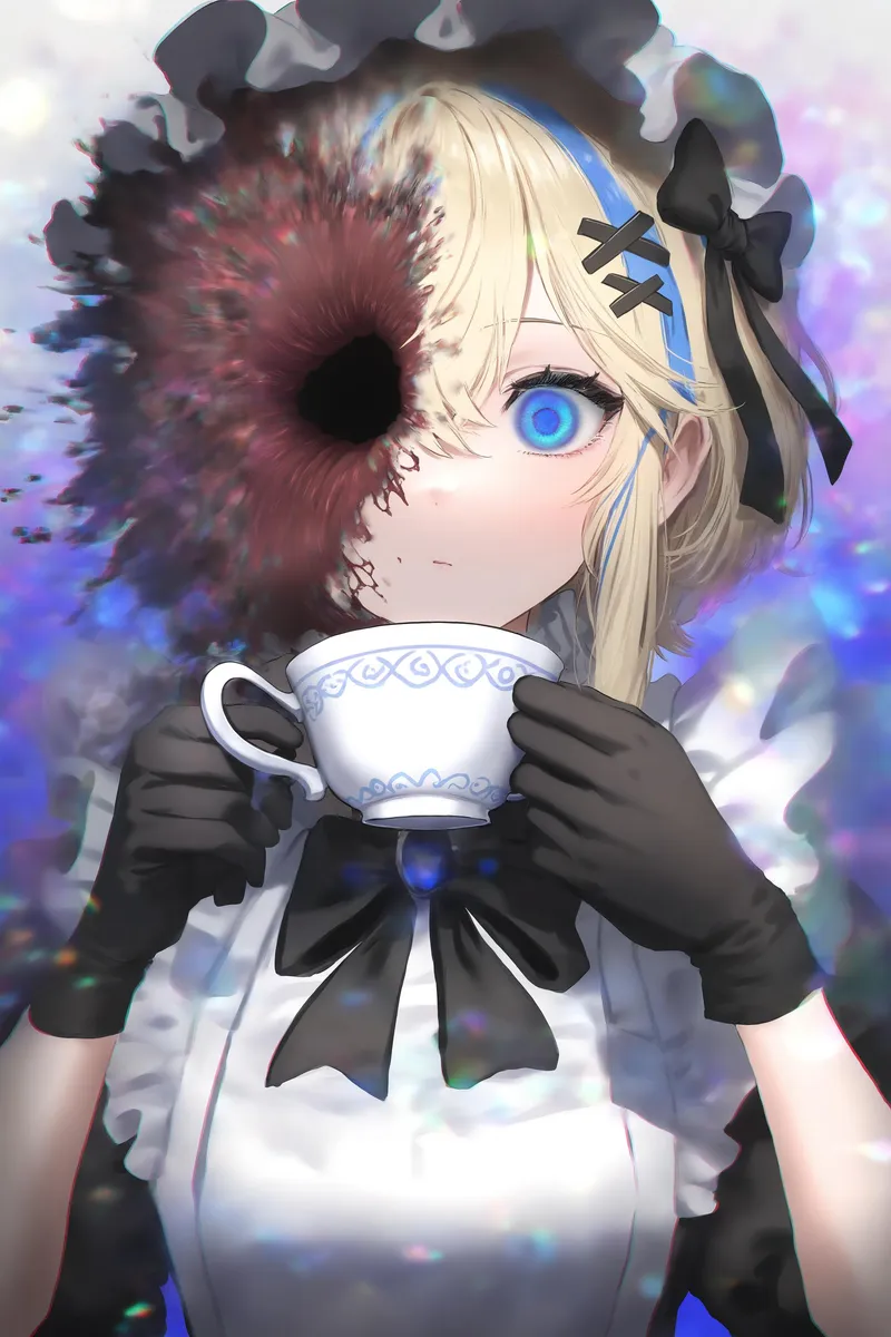 A horror-themed maid with a hole in her face, holding a teacup with glitch effects.