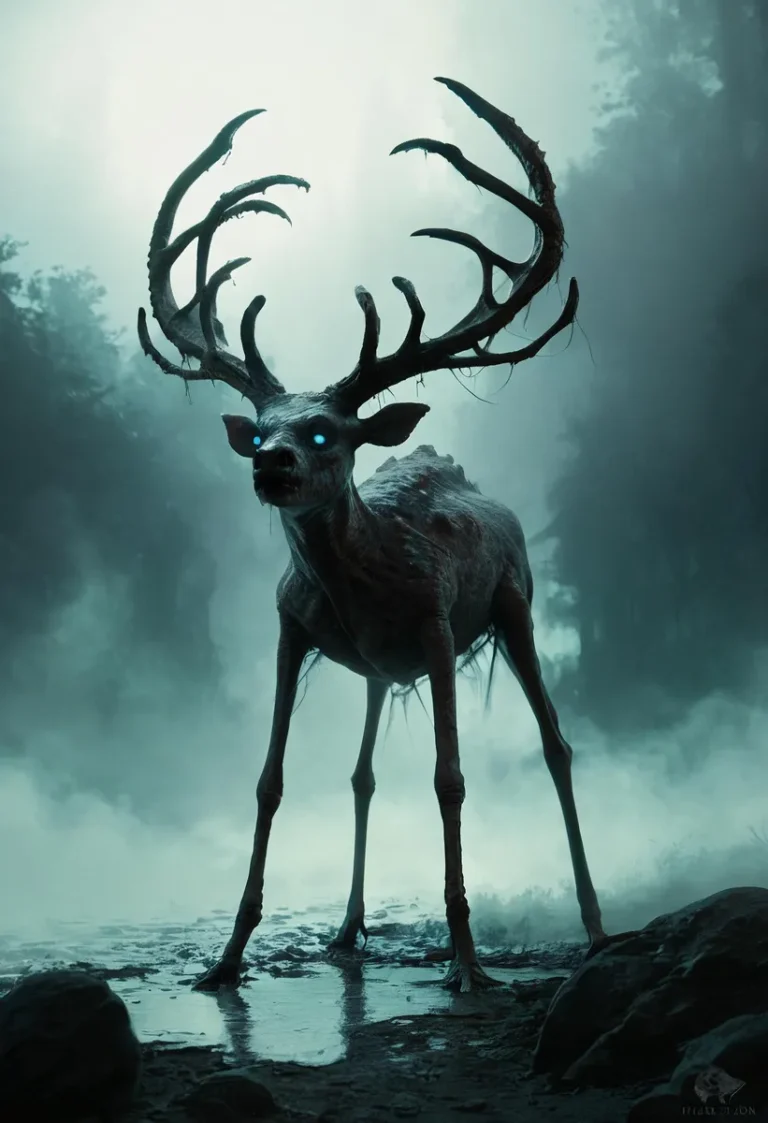 A grotesque, deer-like beast with blue glowing eyes and cracked antlers stands in fog-choked moors, surrounded by an eerie atmosphere.