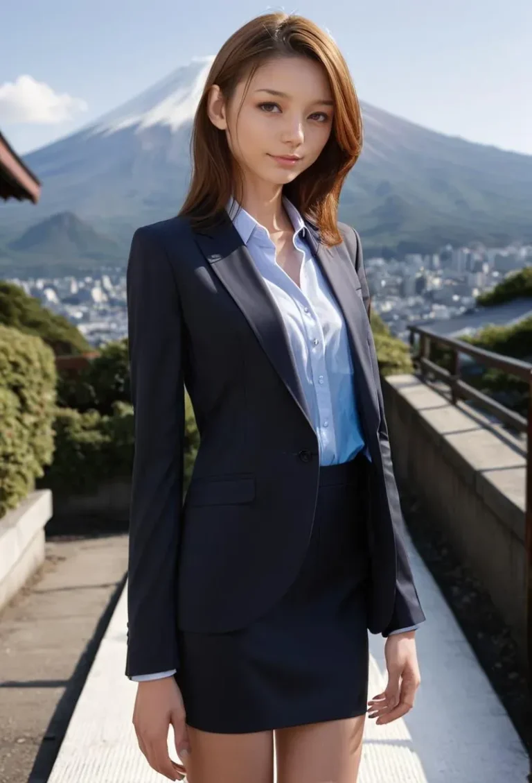 ビジネススーツを着た女性が富士山を背景にしたハイパーリアリスティックな画像。