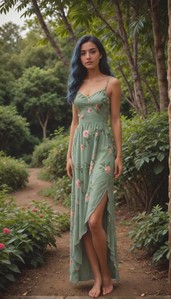 Indian supermodel with long blue hair in a lush jungle, wearing a floral dress, barefoot, showcasing fashion photography with a dynamic angle.