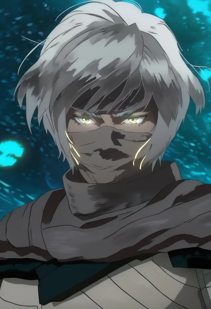 Anime portrait of a boy with white hair, wearing a scarf and mask, with glowing eyes.