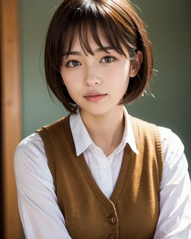 教室でネイビーの制服とベストを着た日本の少女が恥ずかしそうに微笑むフォトリアリスティックな画像。