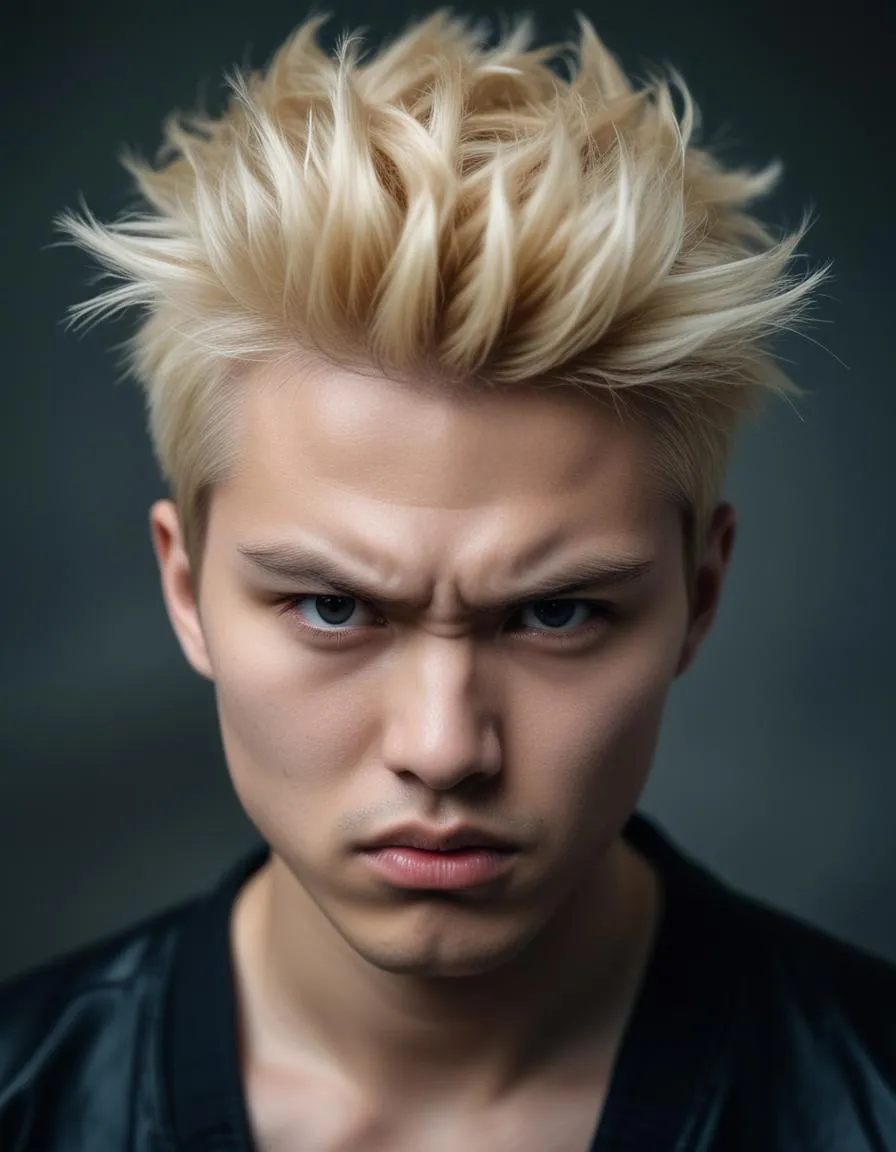 Close-up portrait of a Kawaii individual with blonde hairstyle and angry expression, styled by Davide Sorrenti and George Digalakis.