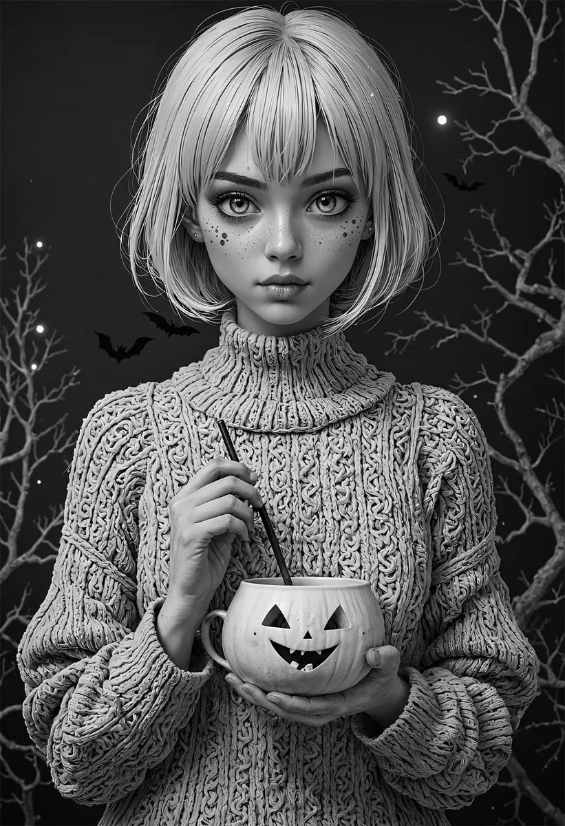 Kawaii style depiction of a Costa Rican girl at Eldritch Grove, in a knit sweater holding a pumpkin mug, black and white manga style.