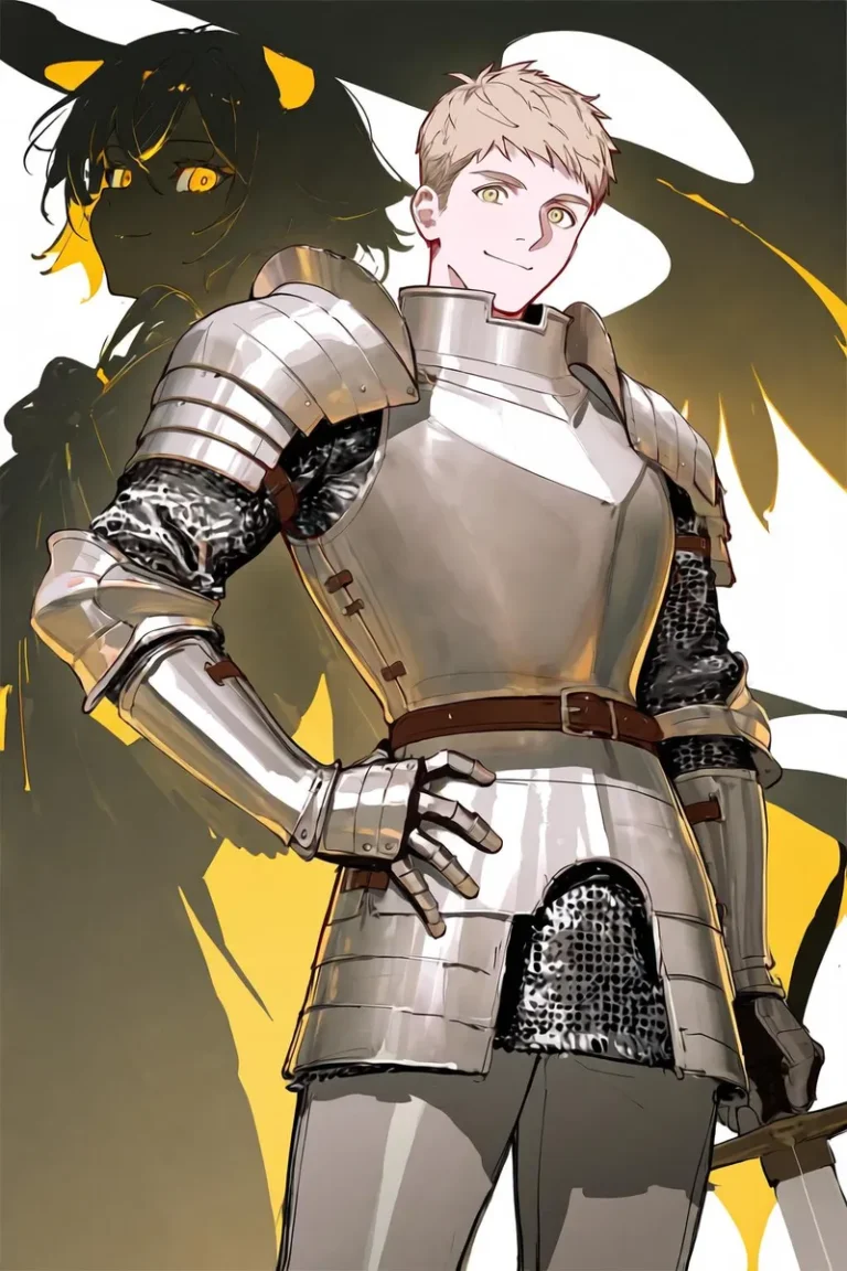 Male knight with blonde hair wearing armor and holding a sword, featuring a yellow theme and a winged sword in high definition.