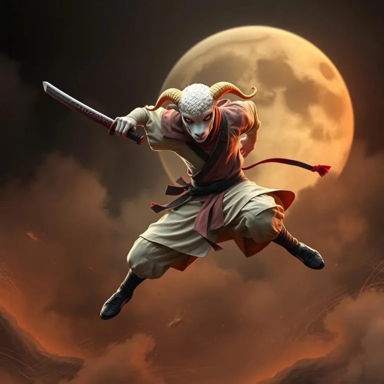 A lamb ninja warrior leaping with a samurai sword under a full moon.