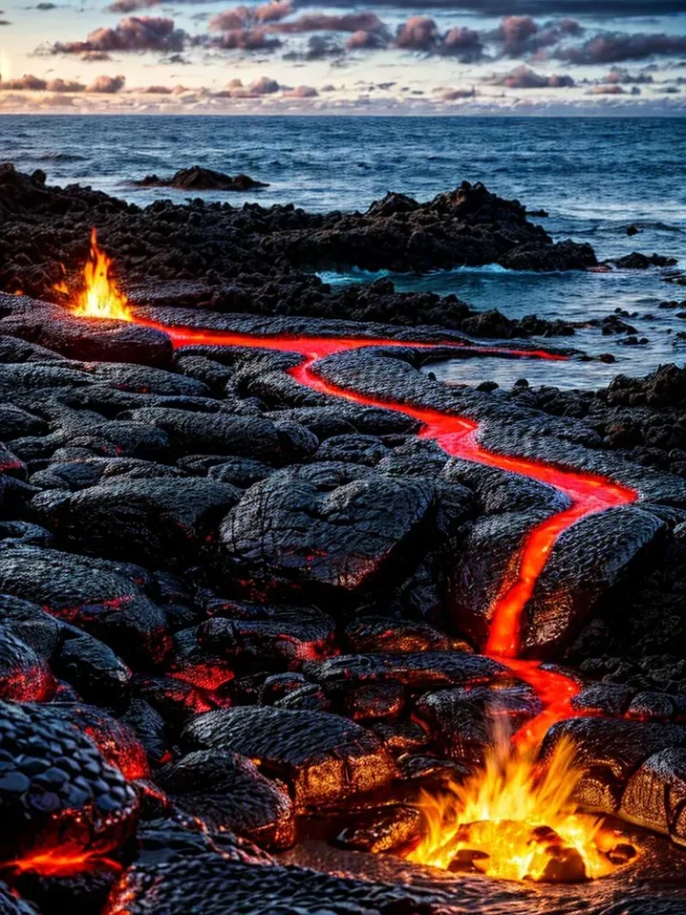 曇り空の下で海の隣に流れる熱く輝く溶岩。