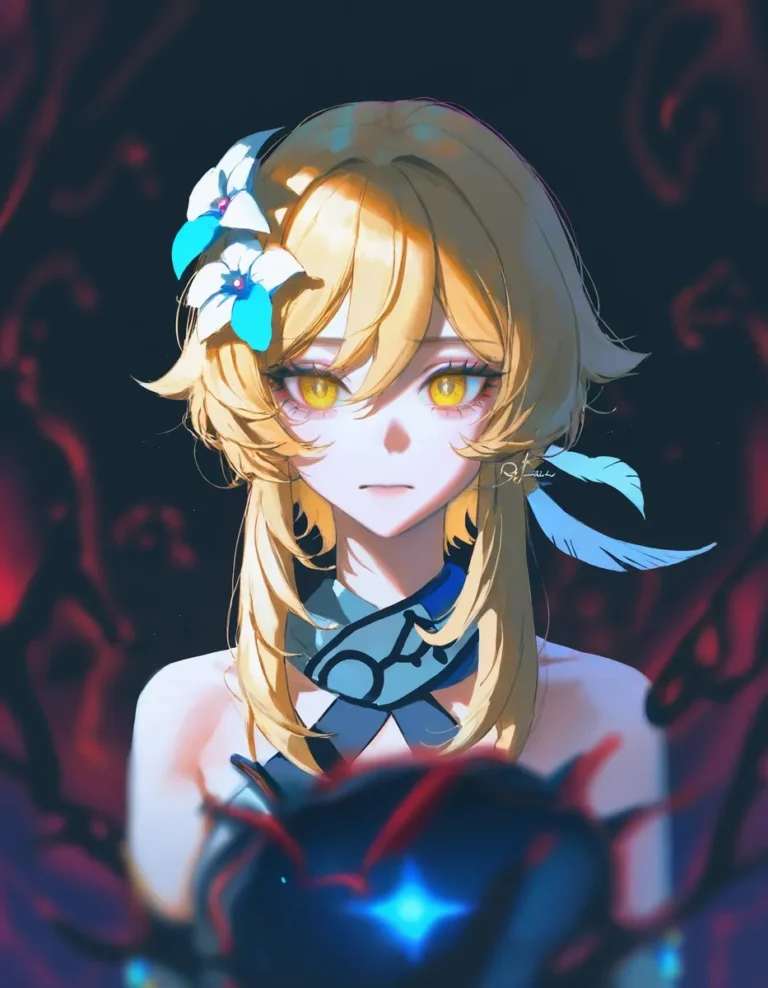 Artistic depiction of Lumine with blonde hair, yellow eyes, and dark horror theme.