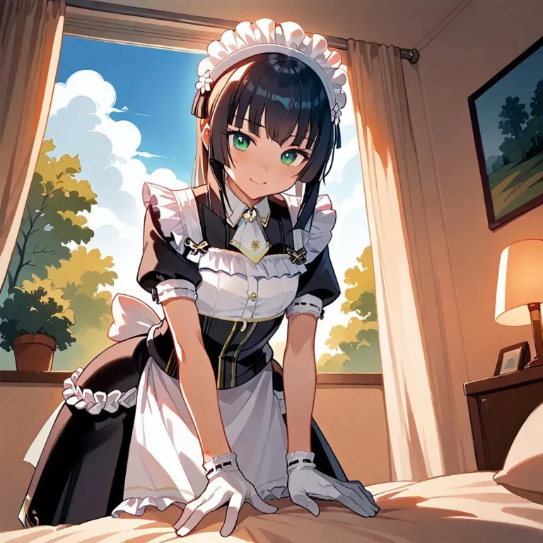 Anime-style depiction of Mafuyu in a maid outfit, leaning forward on a bed in a sunlit room with a window and flowing curtain.