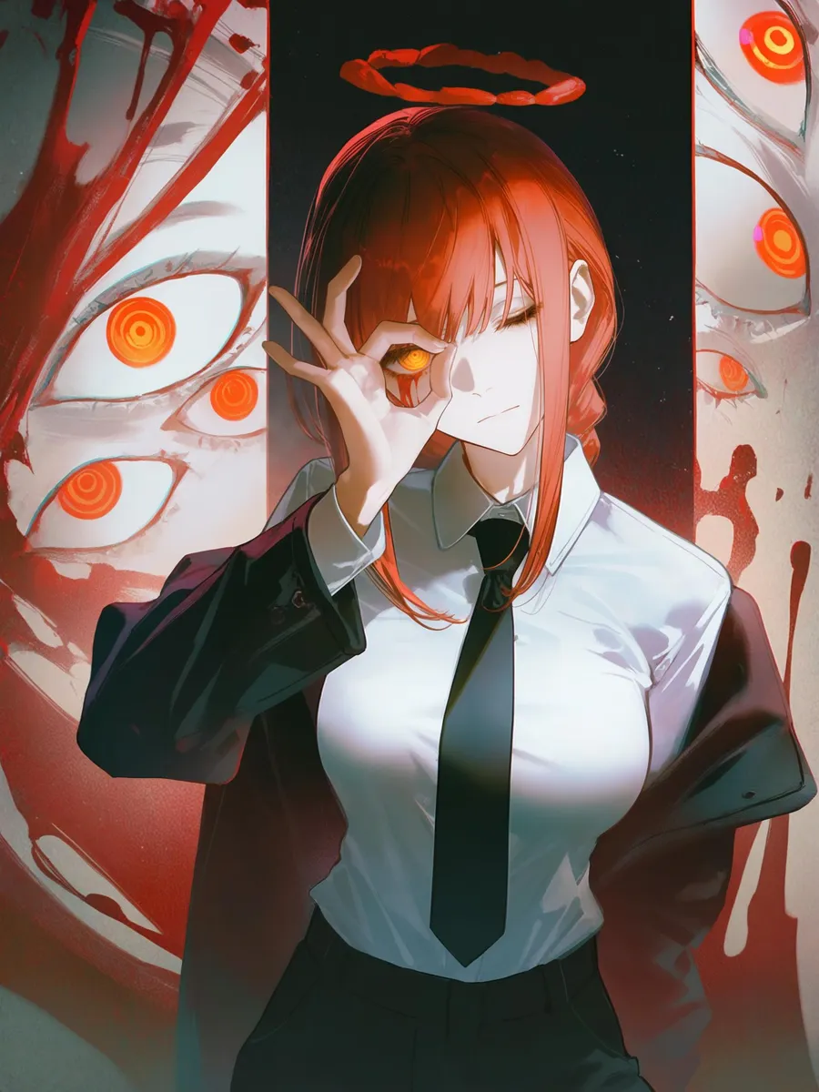 Makima from Chainsaw Man with glowing eyes and blood, making an OK sign over one eye, set against a large monster with multiple eyes.