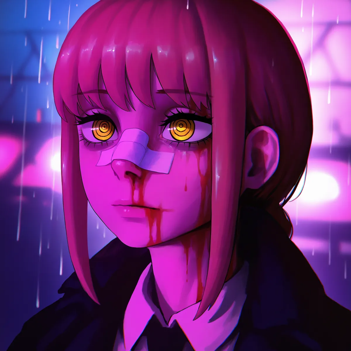 Portrait of Makima with a dark horror aesthetic in dim pink lighting and rain.